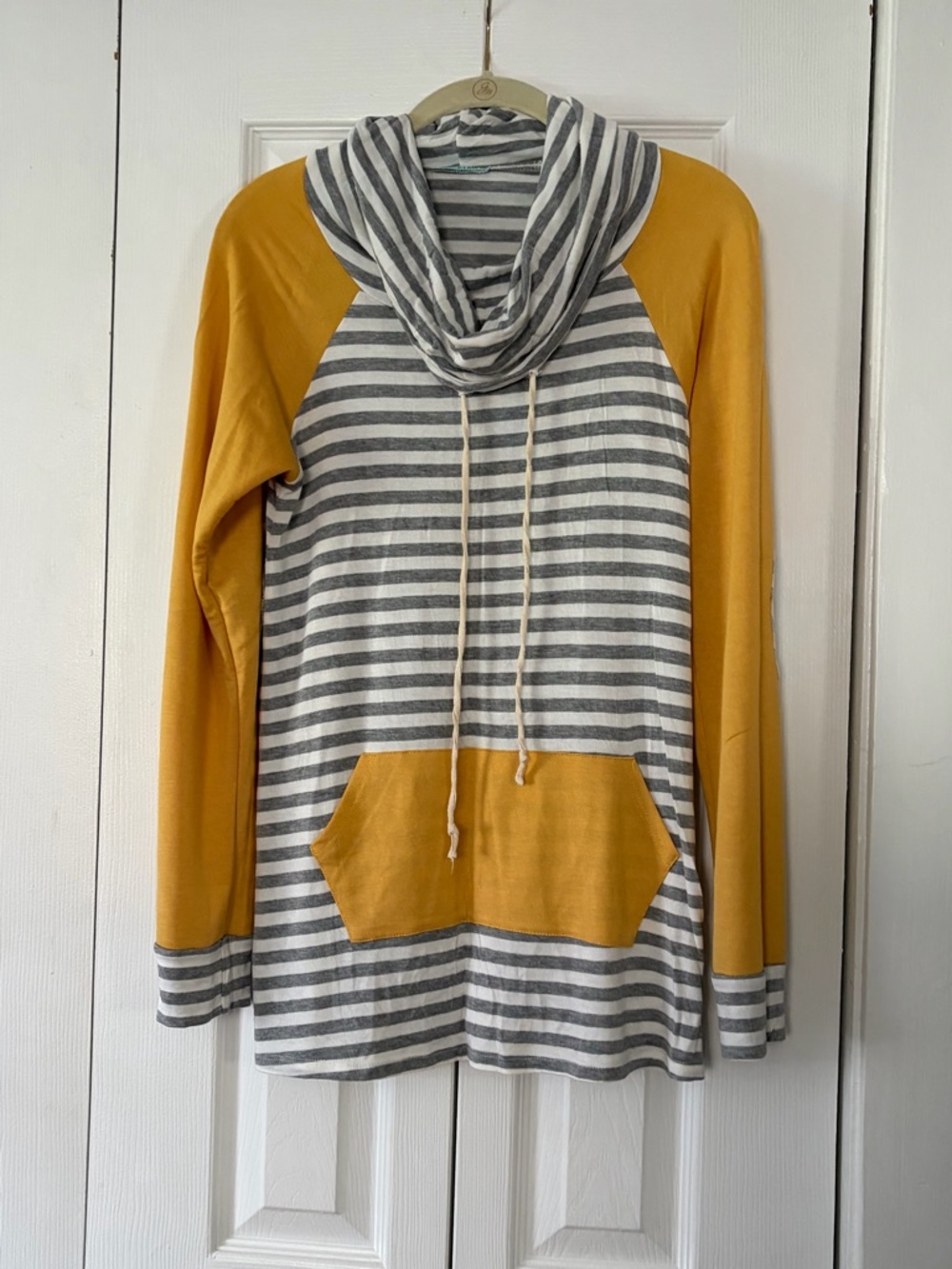 Striped Cowl Neck Pullover Hoodie in Mustard and Gray - Women